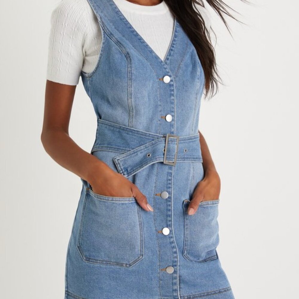 Lulus Cutest Aesthetic Light Wash Denim Belted Button-up Mini Dress Blue